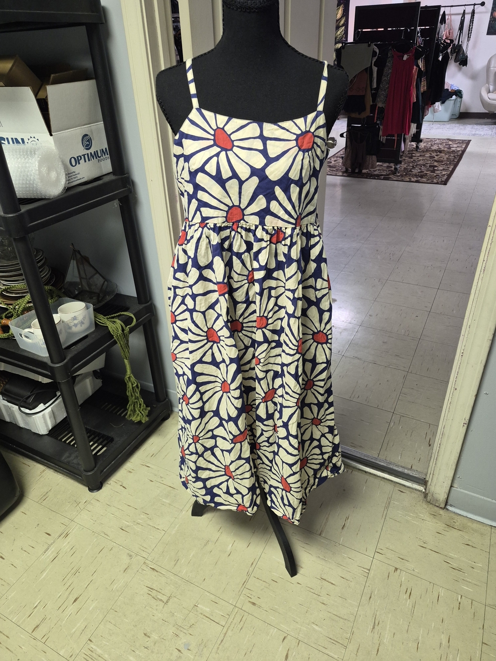Mata Traders Navy Midi Dress with Cream Daisy Print and Red Centers